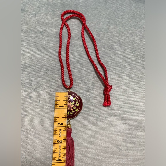 Vintage Asian Cloisonné, enamel tassel pendant with red cord 14 inch hang EUC - Picture 5 of 12
